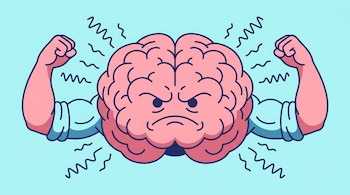 Ilustración plana de un cerebro rosado con cara enojada, brazos musculosos flexionando bíceps a los lados y ondas azules que emanan, sobre un fondo celeste.