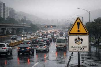 Múltiples automóviles en una avenida mojada con charcos. Al fondo, edificios, un puente y árboles. Señal de advertencia triangular amarilla y cartel "Municipalidad de Lima".