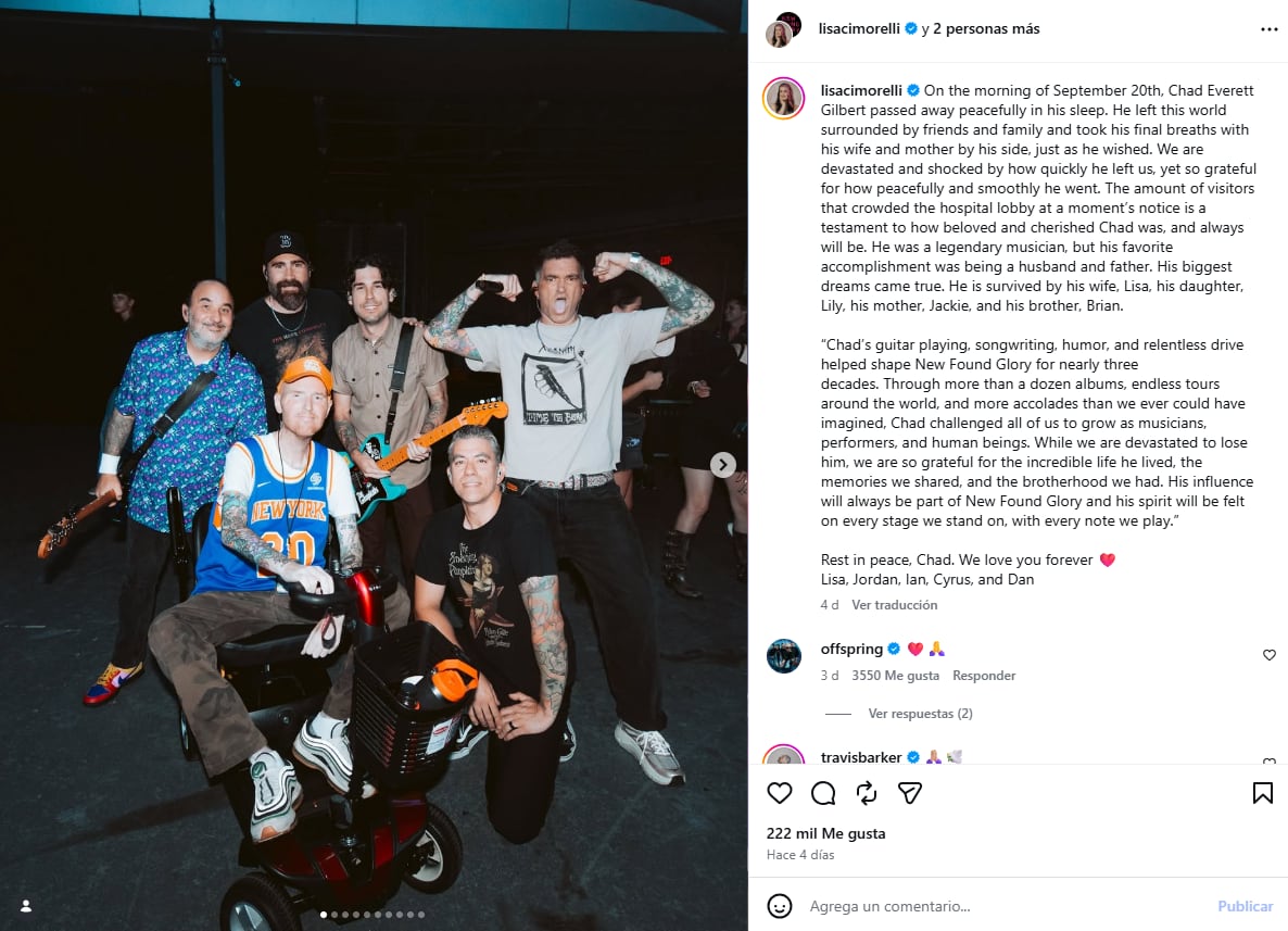 El guitarrista Chad Gilbert falleció a los 45 años mientras dormía junto a su familia (Instagram/@xchadballx)