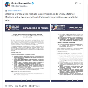 El Centro Democrático afirmó que no buscará coaliciones con el sector político encabezado por Enrique Gómez - crédito @CeDemocratico/X