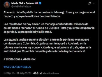 María Elvira Salazar (Estados Unidos): La senadora republicana María Elvira Salazar destacó el liderazgo de Abelardo de la Espriella y afirmó que el resultado refleja el deseo de cambio de millones de colombianos - crédito @MaElviraSalazar / X