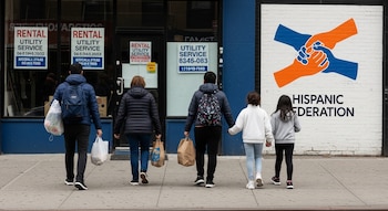 Dos adultos y dos niños caminan de espaldas por una acera en Nueva York, llevando bolsas de compras y mochilas, junto a un mural de la Hispanic Federation.