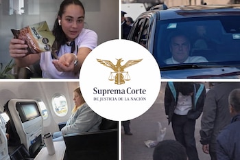 Collage con el logo de la SCJN al centro, rodeado por cuatro imágenes: una mujer con frituras, un hombre en un coche, una mujer en un avión y gente en la calle.