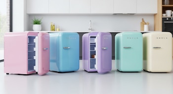 Cinco minirefrigeradores de colores pastel, rosa, celeste, lavanda, verde menta y crema, con algunas puertas abiertas, en una cocina moderna.