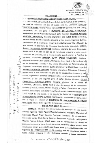 Acta ante el notario público número 10 del contrato de enajenación a título gratuito por parte del Ayuntamiento de Ciudad Juárez para la donación de 192 mil 834 m2 a favor de la UACJ.
