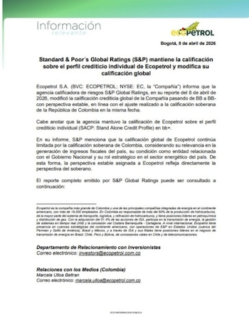 Comunicado de prensa de Ecopetrol por reducción de la calificación por parte de S&P - crédito Ecopetrol