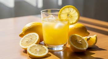 Vaso de limonada con hielo y rodaja de limón; limones enteros y limones cortados por la mitad sobre una mesa de madera con luz del sol.