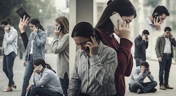 Várias pessoas, homens e mulheres, falando ao telefone; alguns estão de pé, alguns estão sentados no chão com a cabeça entre as mãos.