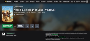 Página web de Xbox Game Pass con el videojuego Atlas Fallen: Reign of Sand. Muestra carátula, título, precio, idiomas, calificación ESRB y botones de compra