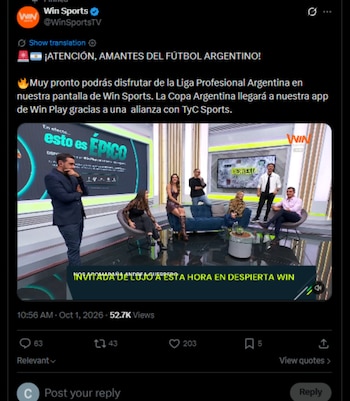 También se transmitirán a través de la aplicación de Win Play los canales de Dsports y Dsports2-crédito @winsportstv/X