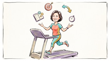 Ilustración de una mujer corriendo en una cinta de ejercicio rodeada por un cuaderno con engranajes, un blanco, una flecha y un reloj.