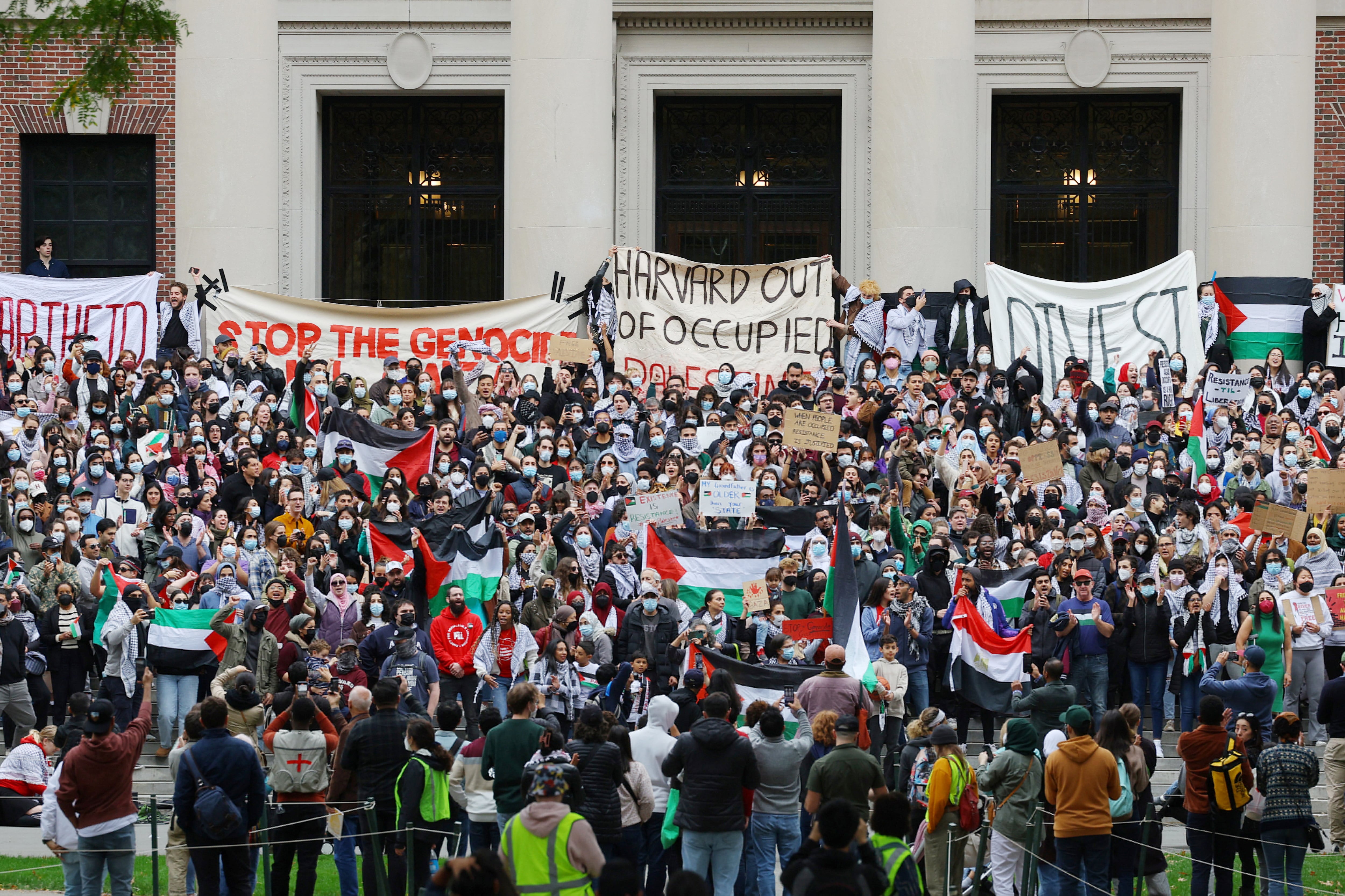Tras la guerra en Gaza, desencadenada por la masacre de Hamas en Israel, miles de estudiantes se movilizaron en las principales universidades de EEUU portando banderas palestinas (REUTERS/Brian Snyder)