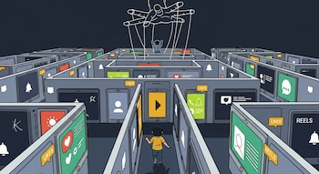 Ilustración de un niño en un laberinto formado por pantallas de celulares y tabletas con íconos de notificaciones, likes y reels, y una mano con hilos.