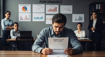 Empleado sentado en un escritorio leyendo una carta, con gráficos y compañeros al fondo visiblemente preocupados.