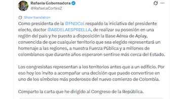 Este fue el mensaje de la gobernadora del Meta para pedir la posesión en una base aérea del departamento - crédito @RafaelaCortesZ/X