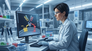 Una científica con bata y gafas observa en un monitor la estructura de una molécula sobre un escritorio con instrumental de laboratorio.