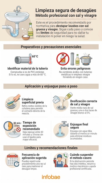 Infografía detallada con ilustraciones sobre el método profesional para destapar desagües usando sal y vinagre, mostrando el proceso paso a paso.