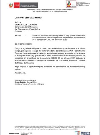 Oficio dirigido a Dina Calle.