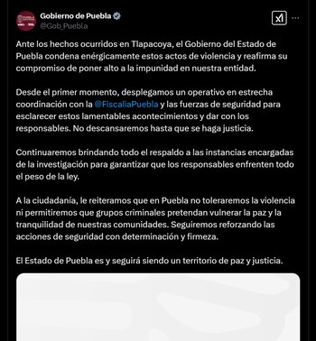 Gobierno de Puebla condena los