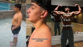 Montaje de tres imágenes: un joven junto a una piscina, luego su rostro en perfil, y finalmente posando con músculos definidos en un gimnasio