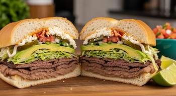 Una torta mexicana abierta por la mitad, con pan, frijoles refritos, carne, lechuga, aguacate, jalapeños, cebolla, tomate, queso y salsa roja, con limas a un lado.