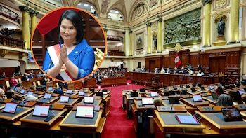 Retrato de Keiko Fujimori en primer plano sobrepuesto a una vista panorámica del hemiciclo del Congreso de Perú con legisladores en sus escaños