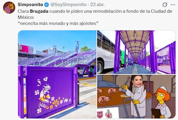 Un collage de cuatro imágenes. Arriba, infraestructura urbana de escaleras y pasarela moradas, y una estación de autobús púrpura. Abajo, un meme de Clara Brugada con ajolotes