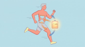Ilustración de una figura trotando con un reloj de arena vacío en el estómago y un depósito de grasa iluminado a un lado, conectados por flechas en fondo azul.