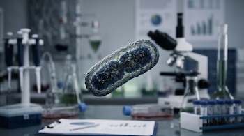 Modelo de una bacteria alargada frente a un laboratorio con microscopio, pipetas, matraces y frascos de ensayo.