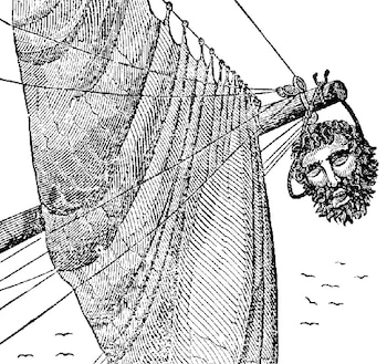 Grabado en blanco y negro mostrando una cabeza masculina barbuda colgando de un mástil de madera junto a una vela. El mar y pájaros se ven a lo lejos