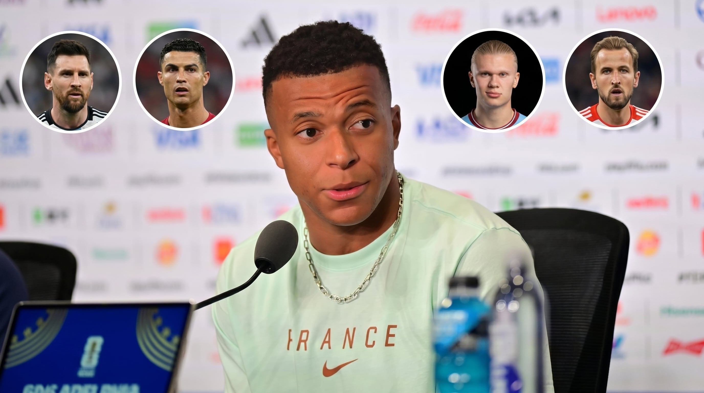 Kylian Mbappé, jugador de fútbol francés, participa en una conferencia de prensa y aparece junto a recortes fotográficos de Lionel Messi, Cristiano Ronaldo, Erling Haaland y Harry Kane. ( Europa Press / Imagen Ilustrativa Infobae)