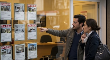 Un hombre y una mujer observan anuncios de viviendas para alquiler y venta colgados en el escaparate de una inmobiliaria, el hombre señala un anuncio.