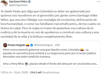 Gustavo Petro respondió a Paola Holguín y la acusó de vínculos familiares con el narcotráfico y la violencia - crédito @petrogustavo/X