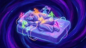 Ilustración digital de persona durmiendo en cama con almohada, figuras luminosas de colores neón, herramientas, engranajes, cables y fondo azul oscuro.