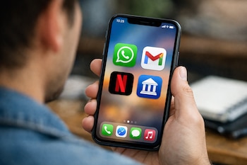 Vista sobre el hombro de una persona sosteniendo un smartphone negro con aplicaciones visibles en la pantalla, incluyendo WhatsApp, Gmail, Netflix y un icono de banco.