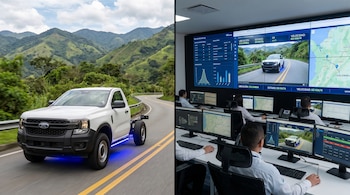 Imagen dividida. Izquierda: Camioneta pickup blanca en carretera montañosa de Colombia. Derecha: Centro de control con pantallas que muestran la camioneta y datos de monitoreo, con operadores.