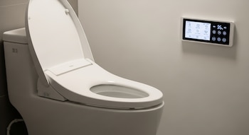 Plano medio de un inodoro inteligente blanco con la tapa levantada, mostrando su diseño contemporáneo y un panel de control digital con iconos y temperatura de 35°C montado en la pared.