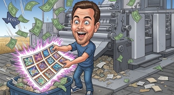 Caricatura de un hombre sonriente sacando una hoja de cartas Yu-Gi-Oh brillantes de un cubo de basura, con una imprenta al fondo, billetes cayendo y un mapa de Texas.