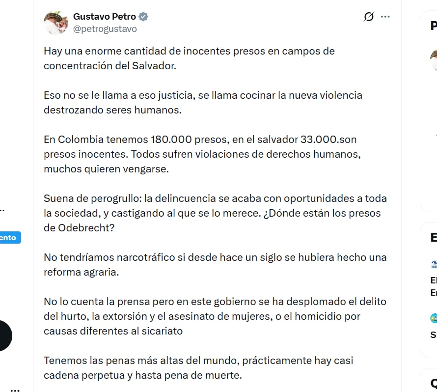 El presidente de Colombia cuestionó las denuncias que se están registrando en El Salvador - crédito @PetroGustavo/X