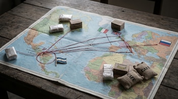 Mapa de Centroamérica y Europa en mesa de madera. Hilos rojos conectan Nicaragua a Europa, con paquetes, cajas de plátanos, sacos de café y banderas.
