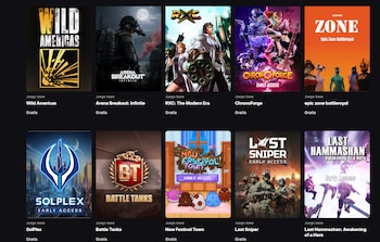 Nueve carátulas de videojuegos se organizan en una cuadrícula. Cada una muestra el título del juego, la leyenda 'Juego base' y 'Gratis'