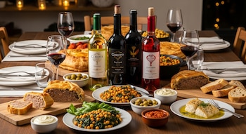 Una mesa de madera con un festín de Pascua. Se ven varias botellas de vino (blanco, tinto, rosado), copas, empanadas, pescado, garbanzos y pan.