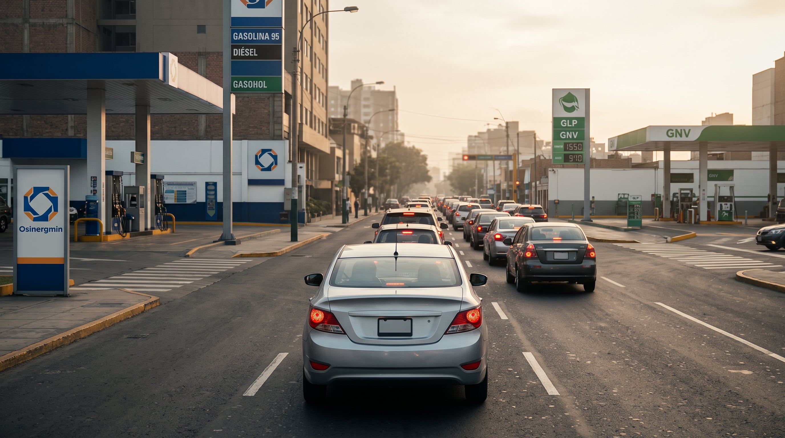 Un automóvil circula por el tráfico de una avenida en Lima entre dos estaciones de servicio con diferentes ofertas de combustible. (Imagen Ilustrativa Infobae)