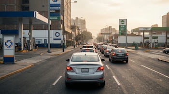 Automóvil plateado en una avenida con tráfico vehicular situada entre dos estaciones de servicio y un letrero de Osinergmin.