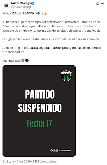 El comunicado de Nueva Chicago tras la suspensión del partido ante San Martín en San Juan