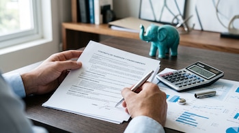 Manos firmando un contrato sobre un escritorio junto a una calculadora, gráficos impresos y un adorno de elefante turquesa.