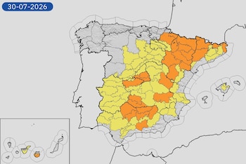 Mapa de avisos por calor para este jueves, 30 de julio de 2026. (Aemet)
