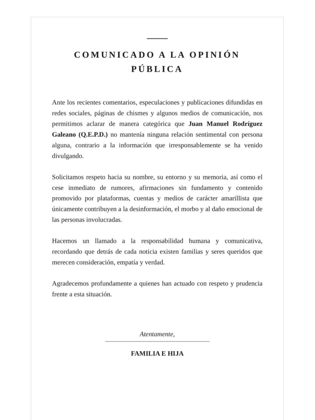 La familia de Juan Manuel Rodríguez publicó un comunicado para desmentir cualquier relación sentimental entre él y Juliana Calderón - crédito @juanmafxoficial/ Instagram