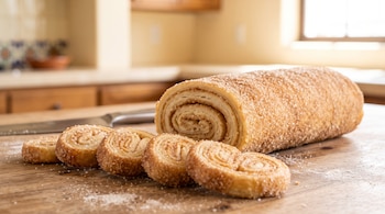 Un rollo de hojaldre con azúcar, rebanadas de masa en forma de espiral y un cuchillo sobre una mesa de madera.