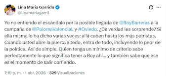 Lina María Garrido criticó la supuesta alianza entre Roy Barreras y Paloma Valencia - crédito @linamariagarri1/X